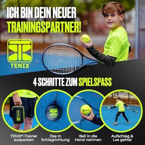 TENIX® Tennis-Trainer Set mit Power-Grip-System für Kinder & Erwachsene | Tennis alleine im Hof, im Park, auf dem Tennis