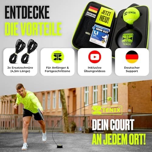 TENIX® Tennis-Trainer Set mit Power-Grip-System für Kinder & Erwachsene | Tennis alleine im Hof, im Park, auf dem Tennis