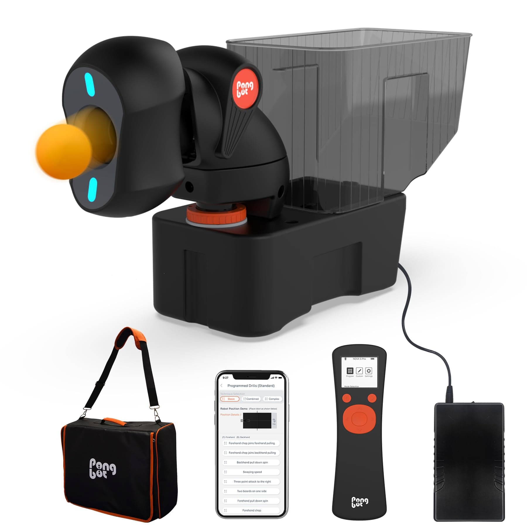 PONGBOT Tischtennis-Roboter + Powerbank + 264 vorgespeicherte Trainingsbohrer  
PONGBOT Tischtennis-Roboter + Fernbedien