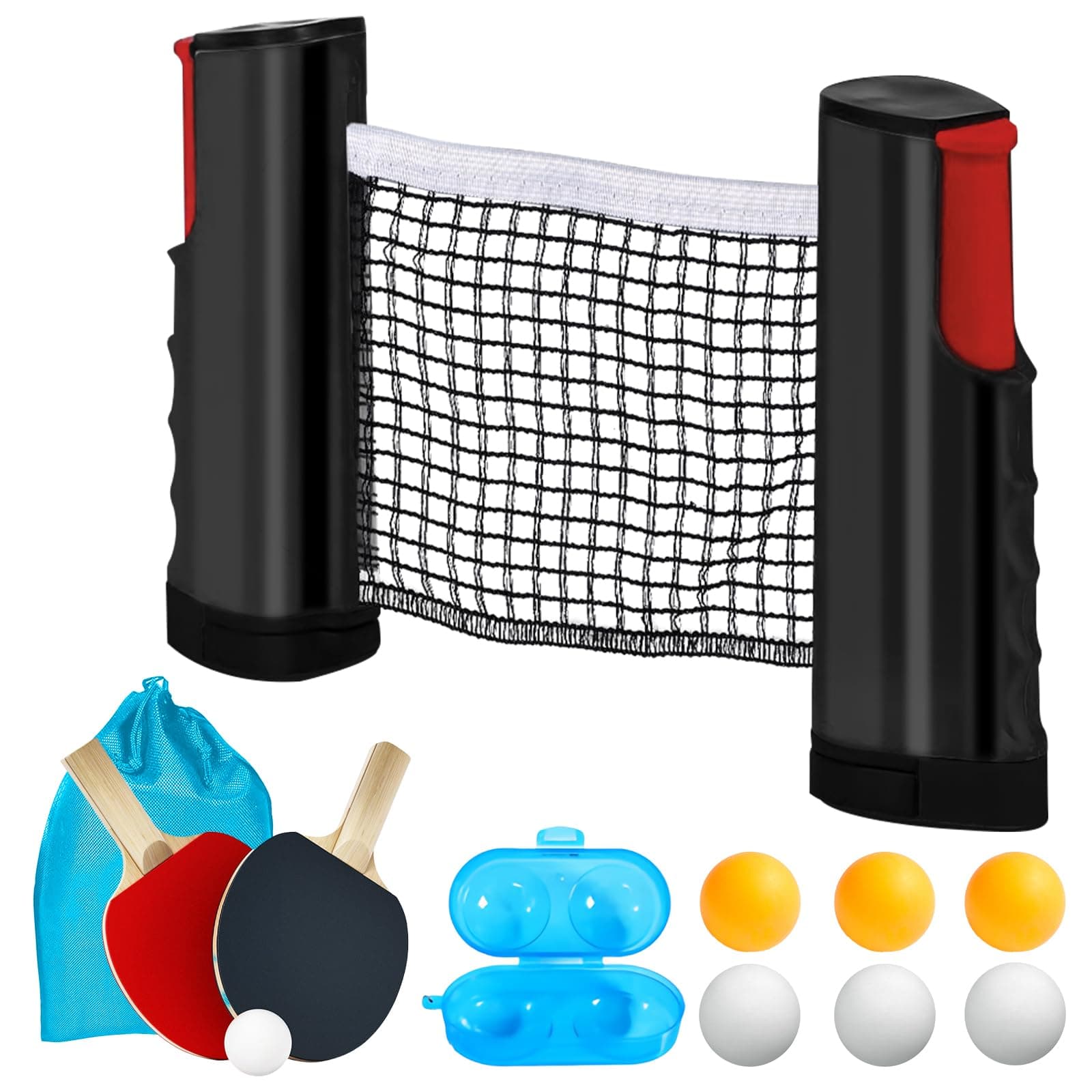 Profi Tischtennisschläger Set: 2 Schläger + Einziehbares Netz + 6 Bälle + Tragetasche + Ballbox | Tischtennis Set für Er
